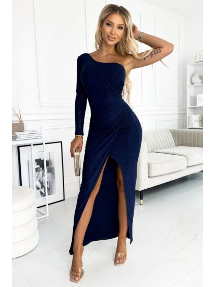 443-2 Šaty dlouhé na jedno rameno - tmavě modrá se třpytkami (Velikost XS, Barva _barva viz foto)