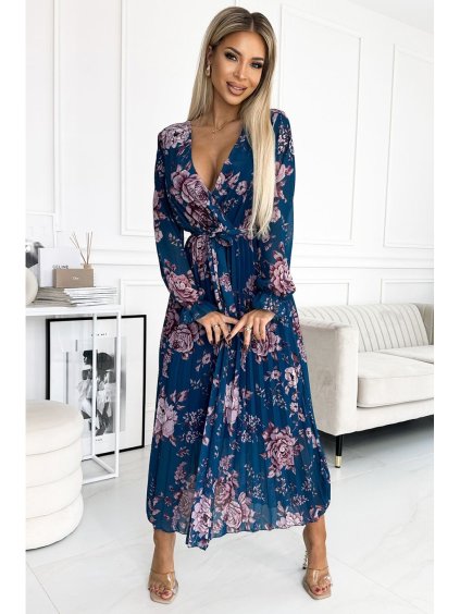 519-3 Dlouhé řasené šifonové šaty s výstřihem, dlouhými rukávy a páskem - Modré s květinami