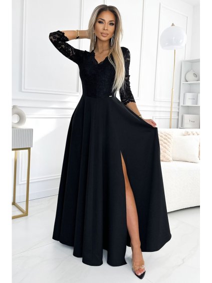 309-11 AMBER krajkové, elegantní dlouhé šaty s výstřihem a rozparkem na nohavicích - černé