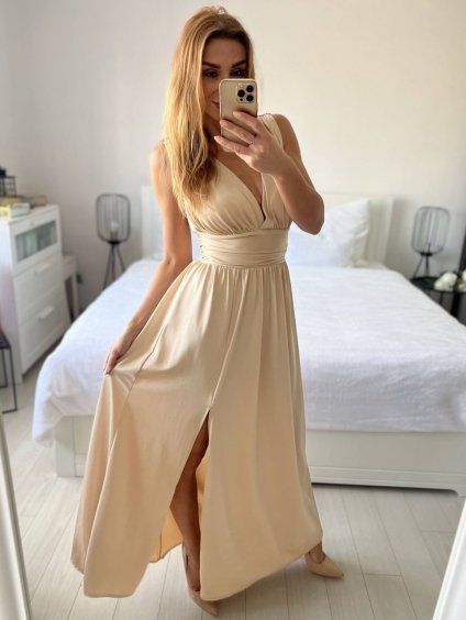 Šaty dlouhé společenské na ramínka dámské (S/M ONE SIZE) ITALSKÁ MÓDA IMPSH245192/DU (Velikost S/M/L, Barva béžová)