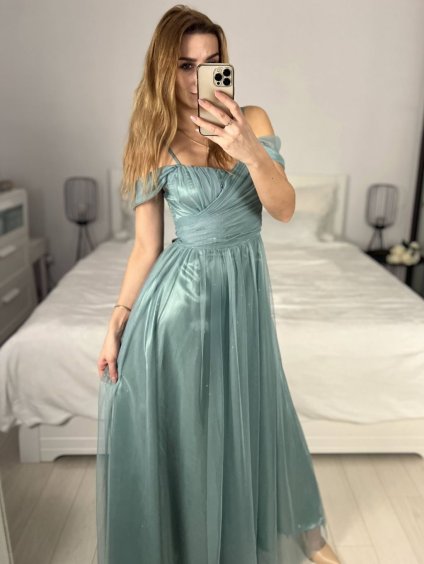 Šaty dlouhé společenské na ramínka dámské (S/M ONE SIZE) ITALSKÁ MÓDA IMPSH24L681 (Velikost S/M/L, Barva světle zelená)