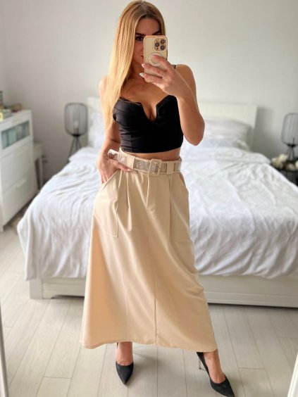 Sukně dlouhá  s páskem dámská (S/M/L ONE SIZE) ITALSKá MóDA IM324MY65068/DUR (Velikost M/L, Barva béžová)