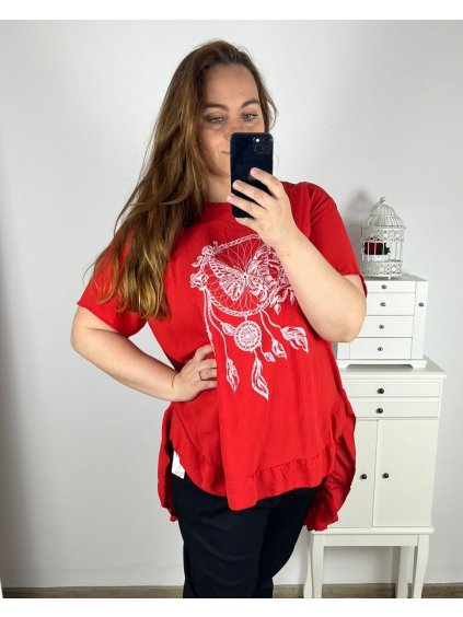 Tunika krátký rukáv dámská nadrozměr (4XL/5XL ONE SIZE) ITALSKÁ MÓDA IMWQ24060/DR (Velikost 4XL/5XL, Barva červená)