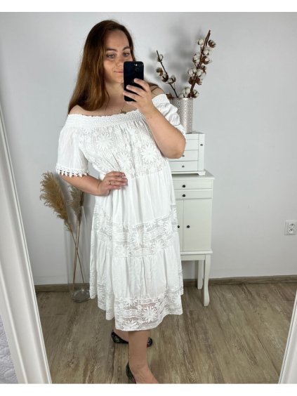 Šaty krajkové krátký rukáv dámské nadrozměr (3XL/4XL/5XL ONE SIZE) ITALSKÁ MÓDA IMWQ24073/DR (Velikost 3XL/4XL, Barva bílá)