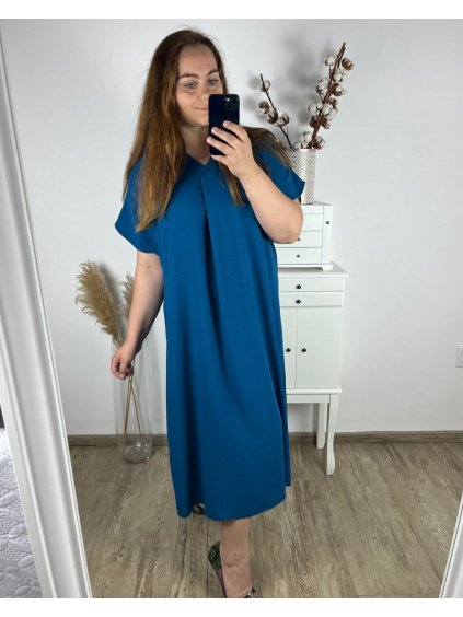 Šaty oversize maxi dlouhé krátký rukáv dámské bavlněné (3XL/4XL/5XL ONE SIZE) Italská Móda IM324VIKTORIE/DR (Velikost 4XL/5XL, Barva modrá petrolejová)