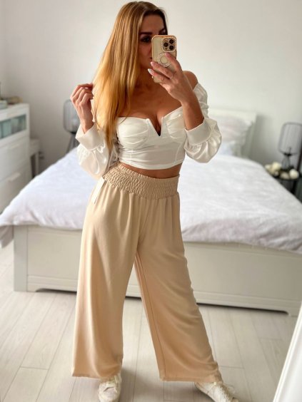 Kalhoty dlouhé oversize dámské (S/M/L ONE SIZE) ITALSKá MODA IM32419112/DU (Velikost M/L, Barva béžová)