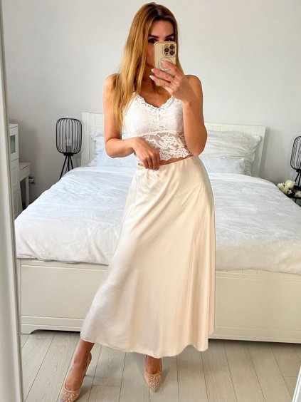 Sukně satén dlouhá dámská (S/M ONE SIZE) ITALSKá MODA IM323017/DU (Velikost S/M/L, Barva béžová smetanová)