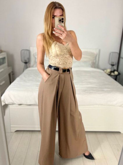 Kalhoty dlouhé oversize elegantní s páskem dámské (S/M/L ONE SIZE) ITALSKá MODA IM3244008/DU (Velikost M/L, Barva béžová)
