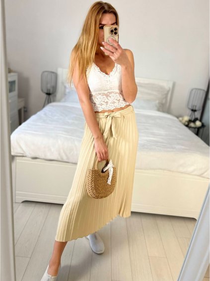 Sukně dlouhá skládaná s páskem dámská (S/M ONE SIZE) ITALSKá MóDA IM724001/DU (Velikost S/M/L, Barva béžová)