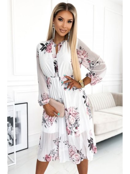 449-6 CARLA Plisované midi šaty na knoflíky a dlouhý rukáv - růže na bílém podkladu (Velikost UNI, Barva _barva viz foto)