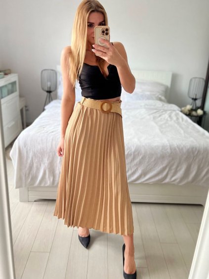 Sukně dlouhá skládaná s páskem dámská (S/M/L ONE SIZE) ITALSKá MóDA IM324050/DU (Velikost M/L, Barva béžová)