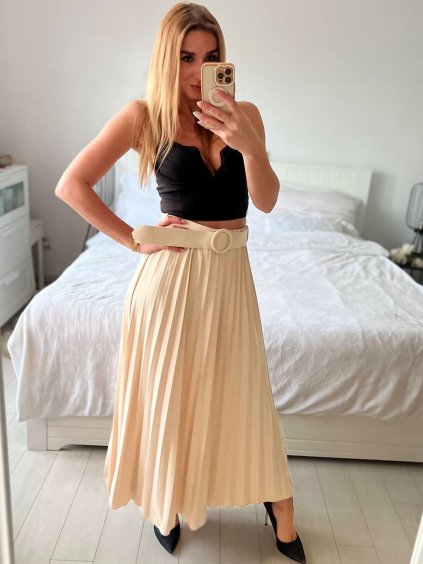Sukně skládaná s páskem dlouhá dámská (S/M ONE SIZE) ITALSKÁ MÓDA IMM23M23192/DU (Velikost S/M/L, Barva béžová)