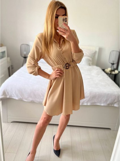 Šaty košilové s páskem dlouhý rukáv dámské (S/M ONE SIZE) ITALSKÁ MÓDA IMWGS234669/DU (Velikost S/M/L, Barva béžová)