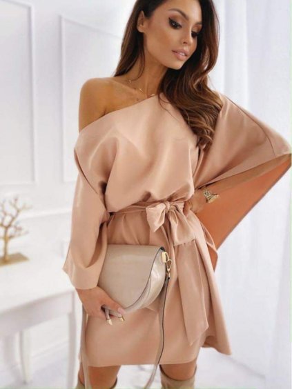Šaty elegantní motýlkové dlouhý rukáv dámské (S/M ONE SIZE) ITALSKÁ MÓDA IMWAE24084/DU (Velikost S/M/L, Barva béžová)