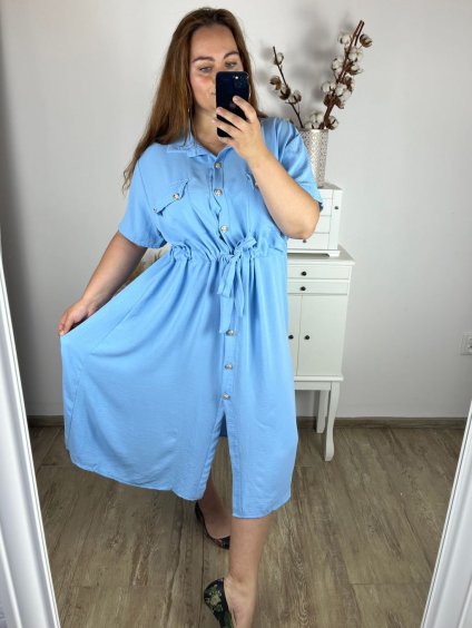 Šaty letní košilové krátký rukáv dámské nadrozměr (2XL/3XL/4XL ONE SIZE) ITALSKÁ MÓDA IMWQ24103/DUR (Velikost 3XL/4XL, Barva světle modrá)