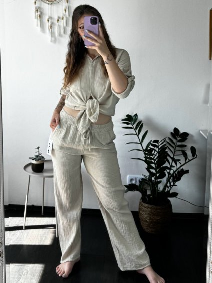 Souprava mušelínová košile a kalhoty dámská (S/M/L ONE SIZE) ITALSKÁ MÓDA IMWBH24013/DUR (Velikost M/L, Barva béžová)