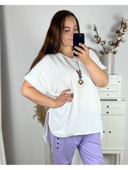 Tunika s přívěškem krátký rukáv dámská nadrozměr (3XL/4XL ONE SIZE) ITALSKÁ MÓDA IMWQ24079/DUR (Velikost 3XL/4XL, Barva bílá)
