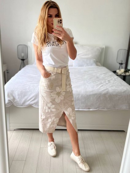Sukně strečová dlouhá s páskem dámská nadrozměr (S/M/L one size) ITALSKÁ MÓDA IMWEC24038/DUR (Velikost M/L, Barva béžová)