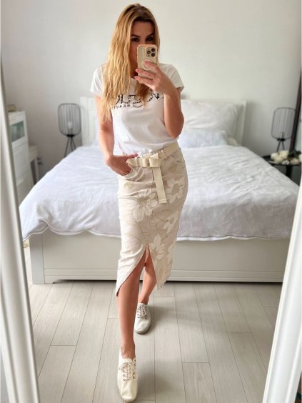 Sukně strečová dlouhá s páskem dámská nadrozměr (S/M/L one size) ITALSKÁ MÓDA IMWEC24038/DUR (Velikost M/L, Barva béžová)