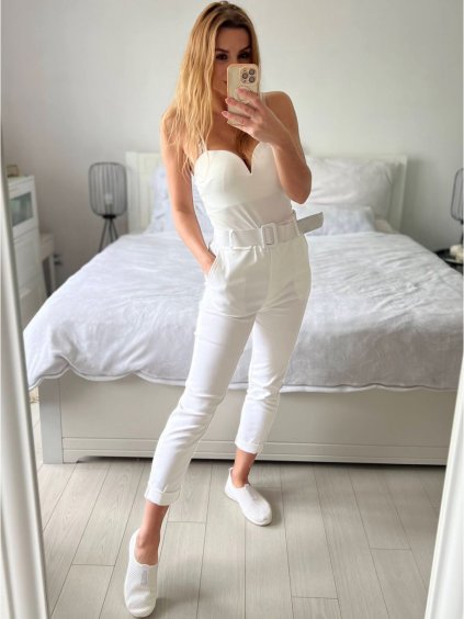 Kalhoty dlouhé letní strečové s páskem dámské (S/M/L ONE SIZE) ITALSKÁ MÓDA IM324031/DU (Velikost M/L, Barva bílá)