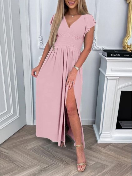 Šaty dlouhé společenské krátký rukáv dámské (S/M ONE SIZE) ITALSKÁ MÓDA IMD23299/DUR (Velikost S/M/L, Barva béžová)