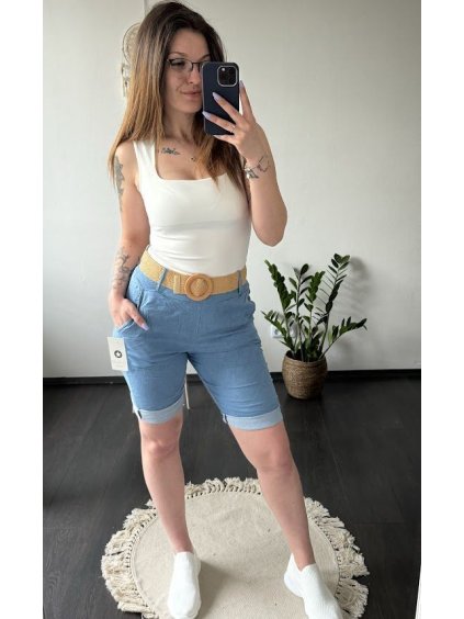 Kraťasy šortky s páskem dámské (S/M/L ONE SIZE) ITALSKÁ MÓDA IMC24157/DUR (Velikost S/M/L, Barva Modrá džínová světlá)