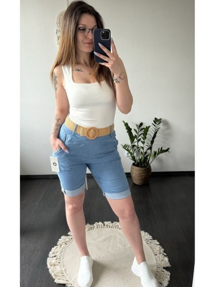 Kraťasy šortky s páskem dámské (S/M/L ONE SIZE) ITALSKÁ MÓDA IMC24157/DUR (Velikost S/M/L, Barva Modrá džínová světlá)