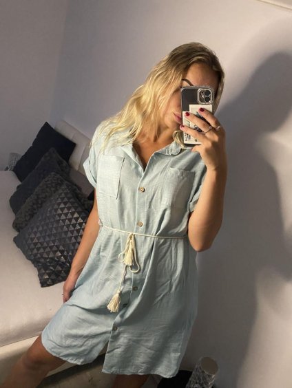 Šaty košilové krátký rukáv dámské (S/M/L ONE SIZE) ITALSKá MóDA IM321258/DR (Velikost S/M/L, Barva modrá)