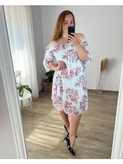 Šaty letní šifonové krátký rukáv dámské nadrozměr (50/52 ONE SIZE) ITALSKÁ MÓDA IMWGM24180/DUR (Velikost 50/52, Barva bílá)