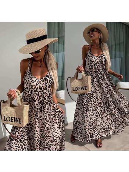 Šaty dlouhé letní na ramínka satén dámské (S/M/L ONE SIZE) ITALSKÁ MÓDA IMM244532/DUR (Velikost M/L, Barva hnědá leopard)