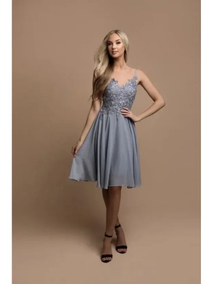 Šaty elegantní společenské na ramínka dámské (S-L) FRANCOUZSKÁ MÓDA FMPEL24PAULINE-DU (Velikost L, Barva šedá světlá)