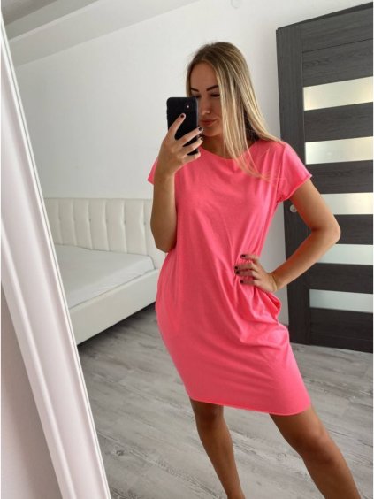 Šaty klasik neon krátký rukáv dámské (S/M ONE SIZE) ITALSKÁ MÓDA IMM24M148727/DU (Velikost S/M/L, Barva růžová neon)