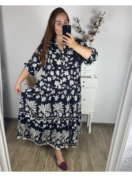 Šaty letní dlouhé 3/4 rukáv dámské nadrozměr (54/56 ONE SIZE) ITALSKÁ MÓDA IMWEC24043/DUR (Velikost 54/56, Barva Černá)