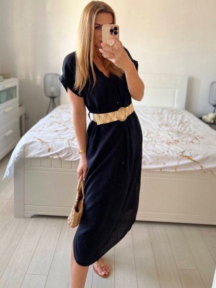 Šaty dlouhé letní s páskem krátký rukáv dámské (S/M ONE SIZE) ITALSKá MóDA IM324200/DU (Velikost S/M/L, Barva Černá)