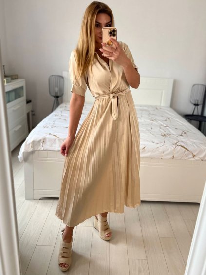 Šaty dlouhé košilové s páskem krátký rukáv  dámské (S/M ONE SIZE) ITALSKÁ MÓDA IMM24M6575A/DU (Velikost S/M/L, Barva béžová)