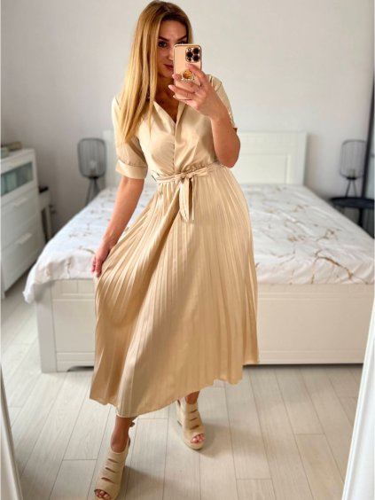 Šaty dlouhé košilové s páskem krátký rukáv  dámské (S/M ONE SIZE) ITALSKÁ MÓDA IMM24M6575A/DU (Velikost S/M/L, Barva béžová)