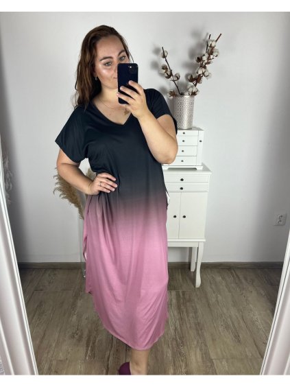Šaty ombré dlouhé krátký rukáv dámské nadrozměr (58/60/62 ONE SIZE) ITALSKá MóDA IM424279/DR (Velikost 58/60, Barva růžová světlá)