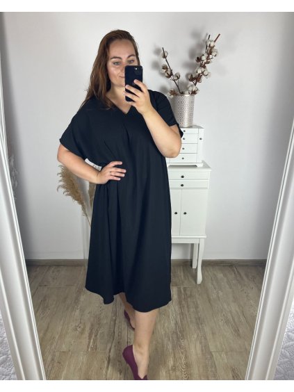 Šaty dlouhé krátký rukáv dámské nadrozměr (58/60/62 ONE SIZE) ITALSKá MóDA IM424278/DR (Velikost 58/60, Barva Černá)