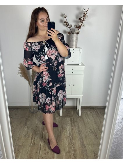 Šaty carmen krátký rukáv dámské nadrozměr (52/54/56 ONE SIZE) ITALSKá MóDA IM423279/DR (Velikost 54/56, Barva Černá)
