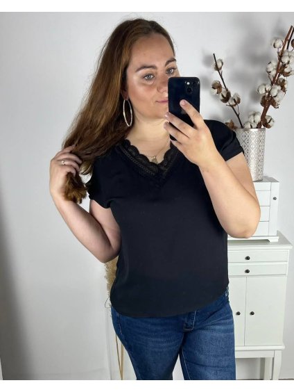 Tunika halenka s krajkou krátký rukáv dámská nadrozměr (44/46/48  ONE SIZE) ITALSKÁ MÓDA IMWEC24041/DUR (Velikost 44/46/48, Barva béžová)