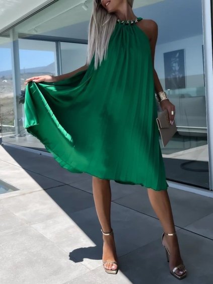 Šaty letní skládané bez rukávu dámské (S/M/L ONE SIZE) ITALSKÁ MÓDA IMWGB24029 (Velikost S/M/L, Barva béžová)