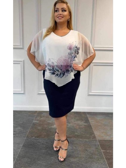 Šaty společenské elegantní krátký rukáv dámské nadrozměr (44-54 ONE SIZE) POLSKÁ MÓDA PMLBT24ELA/DR (Velikost 44, Barva modrá)