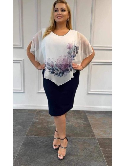 Šaty společenské elegantní krátký rukáv dámské nadrozměr (44-54 ONE SIZE) POLSKÁ MÓDA PMLBT24ELA/DR (Velikost 44, Barva modrá)
