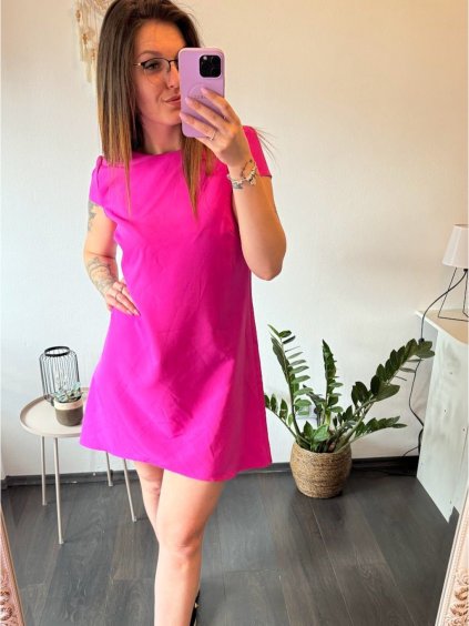 Šaty elegantní krátký rukávek letní dámské (36-38-40-42-44) Polská MÓDA PMLK21LEILANEORU/DR (Velikost 36, Barva růžová fuchsiová)