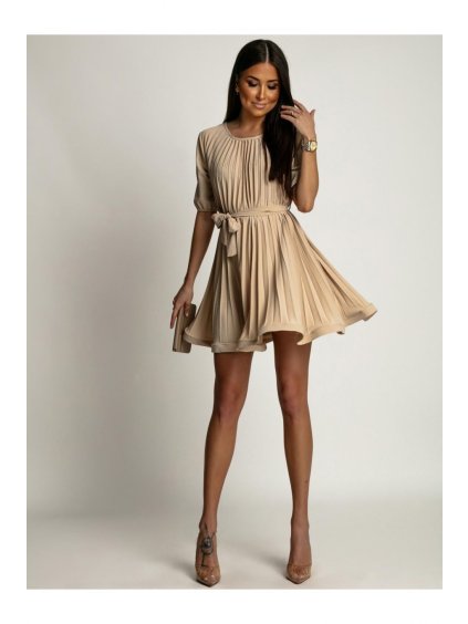 Šaty krátké elegantní krátký rukáv dámské (S/M ONE SIZE) POLSKÁ MÓDA IMLAZ2457172/DU (Velikost S/M/L, Barva béžová)