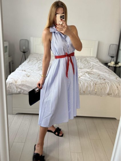 Šaty košilové plátěné bez rukávu dlouhé dámské proužek  (uni s/m) ITALSKá MóDA IMM24BR84444/DUR (Velikost S/M/L, Barva modrá)