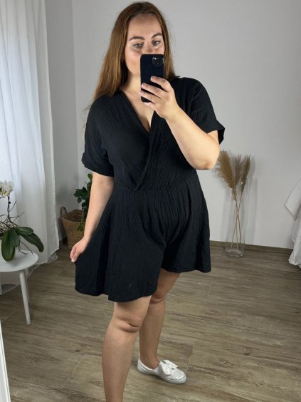 Overal krátký mušelínový krátký rukáv dámský nadrozměr (46/48 ONE SIZE) ITALSKÁ MÓDA IMWEC24105/DUR (Velikost 46/48, Barva Černá)