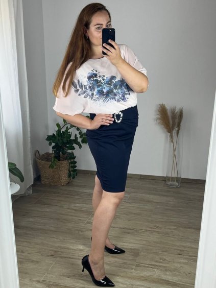 Šaty společenské elegantní krátký rukáv dámské nadrozměr (40-50 ONE SIZE) POLSKÁ MÓDA PMLBT24ELKA/DR (Velikost 40, Barva modrá)