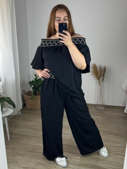 Souprava letní tunika carmen a kalhoty dámská nadrozměr (50/52 ONE SIZE) ITALSKÁ MÓDA IMWEC24110/DUR (Velikost 50/52, Barva béžová smetanová)