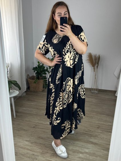 Šaty dlouhé  letní krátký rukáv dámské nadrozměr (54/56/58 ONE SIZE) ITALSKÁ MÓDA IMWEC24122/DUR (Velikost 56/58, Barva Černá)